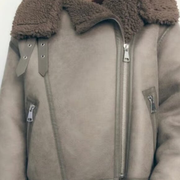 ZARA NEW WOMEN FAUX LEATHER SHEARLING DOUBLE-FACED BIKER JACKET GRAY 3548/243 - Picture 9 of 15